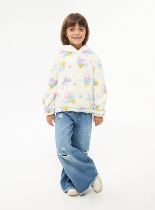 Felpa in sherpa con cappuccio stampa unicorni