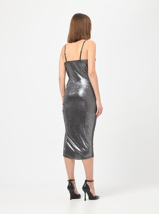 Vestito laminato con spacco e arricciatura laterale