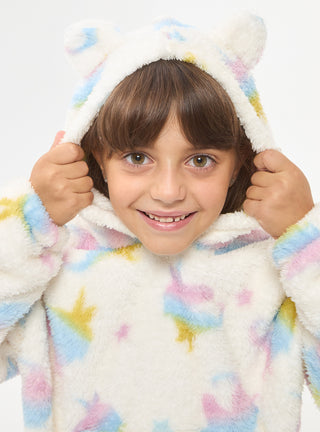 Felpa in sherpa con cappuccio stampa unicorni