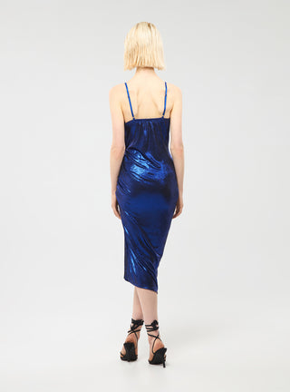 Vestito laminato con spacco e arricciatura laterale